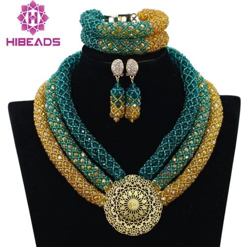 Trendy Teal Green Seed Crystal Beads Braid Chunky African Jewelry Set Gold Engagement Jewelry Set for Women Free Shipping WA220