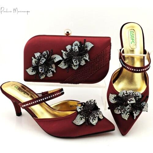 Italian Design Hot Selling Special Flower Decoration Style Elegant Ladies Shoes and Bag Set in Wine Color for Party Wedding