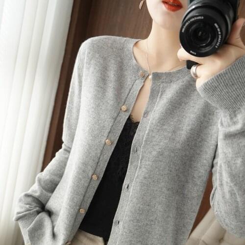 Hot Sale Cashmere Cardigan Womens Long Sleeve Loose Sweater Autumn/Winter Women V-neck 100% Pure Wool Sweater Knitted Jacket