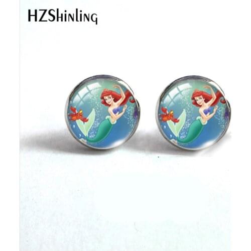 Little Mermaid princess Cartoon Cute Earrings 12mm Round Stud Glass Earrings Sweet Ear Accessories for Girls Gifts