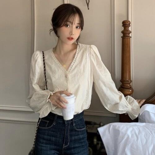 Fashion Spring Autumn Blouse Women Casual Long Sleeve Shirt Tops Lady V Neck Lace Splicing Blouses