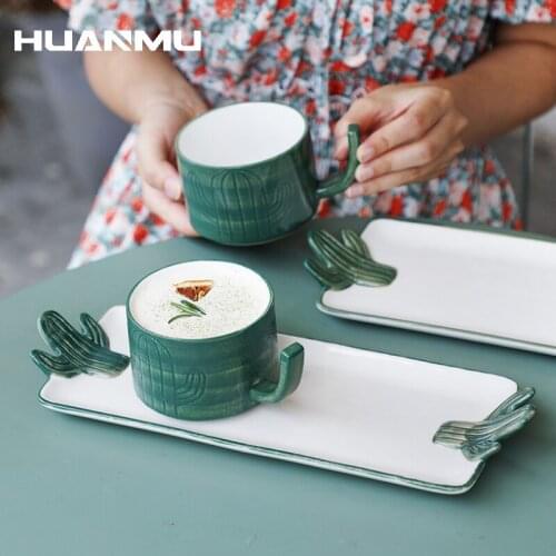 Cactus Coffee Cup+Saucer Set Creative Childrens Drinkware Ceramic Ins Espresso Tea Heatetr Milk Mug Kit Home Office Mug Gifts