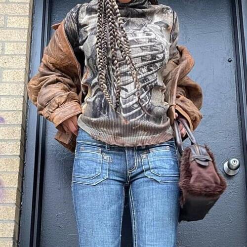 Autumn streetwear skull print hit color long-sleeved high-neck T-shirt