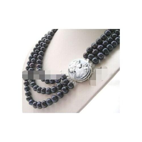 Hot sell Noble 3row 17-21" 9-10mm black round freshwater pearl necklace