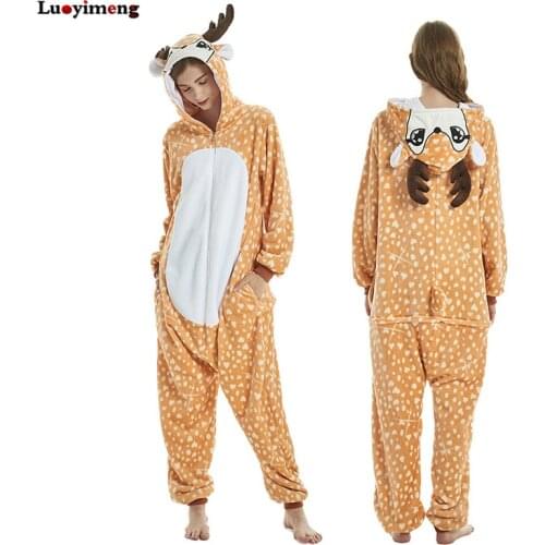 Kugurumi Anime Onesie Pajamas Adult Hooded Winter Flannel Unicorn Stitch Deer Pyjamas Onepeice Jumpsuit Sleepwear Women Overalls