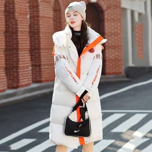 Down Jacket Women Overcoat Long Winter White Duck Down Jacket Female Fashion Loose Hooded Warm Contrast Letter Parka Jacket