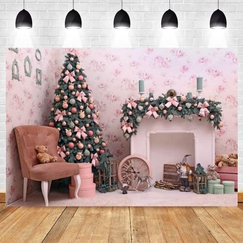 Christmas Backdrop Pink Room Fireplace Clock Toy Doll Princess Vinyl Photography Background Photographic Photo Studio Photocal