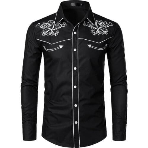 African Black Embroidery Shirt Men Muslim Star Lapel Button Shirts Long Sleeve Mens Office Work Wear Casual Islamic Clothes