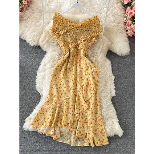 Yellow/Red/Purple Sexy Floral Printed Dress Women Irregular Ruffle High Waist Slim Vestidos Summer Beach Vacation Robe 2021 New