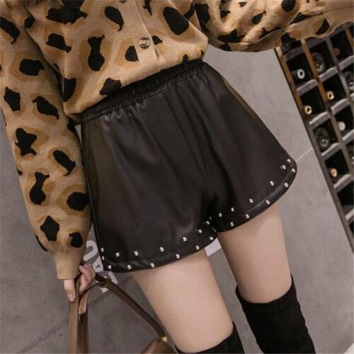 High waist Faux Leather Shorts Women Beading A line Wide leg Short Summer Clothes