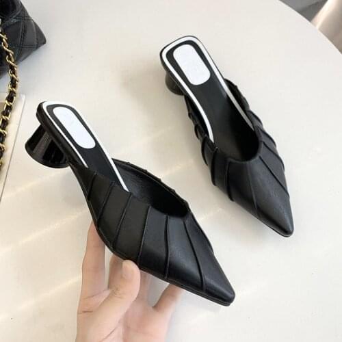 Pointed Toe Mid-heel Muller Shoes 2021 New Thick-heel Slippers Womens Thin Temperament Sandals All-match Lady Women Shoes