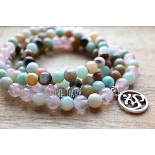WMB36757 108 Amazonite Rose Quartz Wrist Mala Healing Crystals For Harmony Balance Courage Love And Self-love Compassion