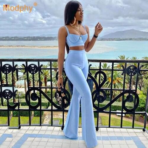 High Quality 2021 summer Women Rayon Bandage 2 Two-Piece Set Sexy Sleeveless Short Top And High Waist Flared Pants Bodycon Suit