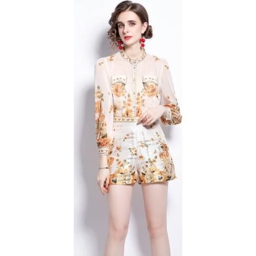 2021 Summer New Fashion Flower Print Suit Women Lantern Sleeve Single-Breasted Shirts Tops + Jacquard ShortsTwo Pieces Set