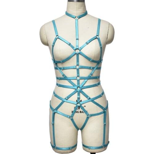 Women Sexy Harness Bodysuit Blue Bondage Lingerie Set Pole Dance Rave Wear Body Harness Belt Adjustable Hollow Open Chest Cage