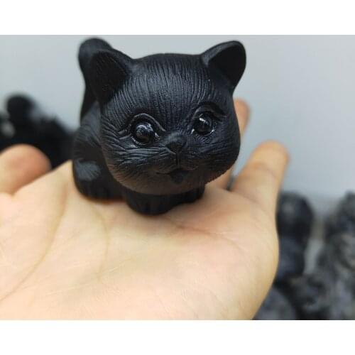 1pcs Natural obsidian Cat Carved Rock crystal cat Statue Healing Chakra Reiki Stone As Gift