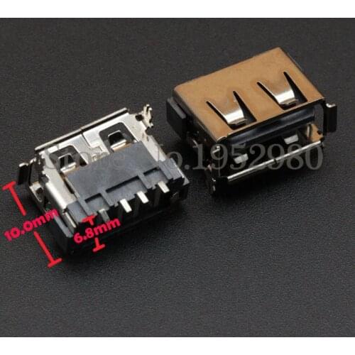 10PCS USB 2.0 Connector Female Socket SMT Front 2 Feet with Brim 10.0mm High 4 Pin for Data Transmission Charging