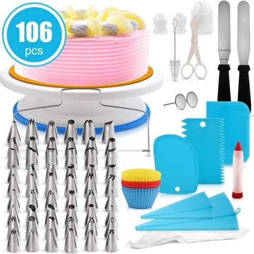 106pcs Cake Decorating Supplies Cake Turntable Set Pastry Tube Fondant Tool Kitchen Home House Cake Baking Supplies