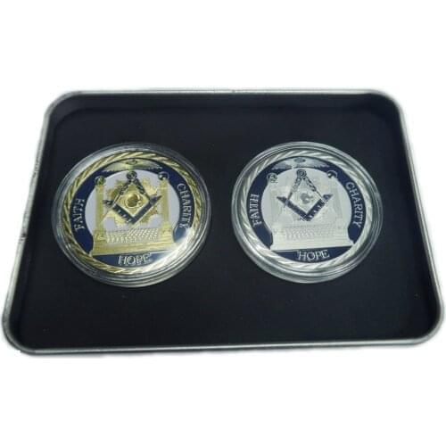 2pcs/set Masonic Metal Gold Silver Commemorative Coin Eye of Providence Freemasonry Medal Morality Brotherly Love Badge