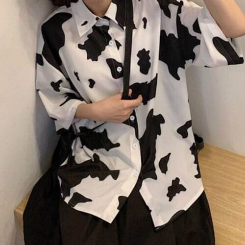 Cow Print Blouse Men Women Summer Shirt Button Up Harajuku Clothes Teenage Tee Top Kawaii Korean Clothing