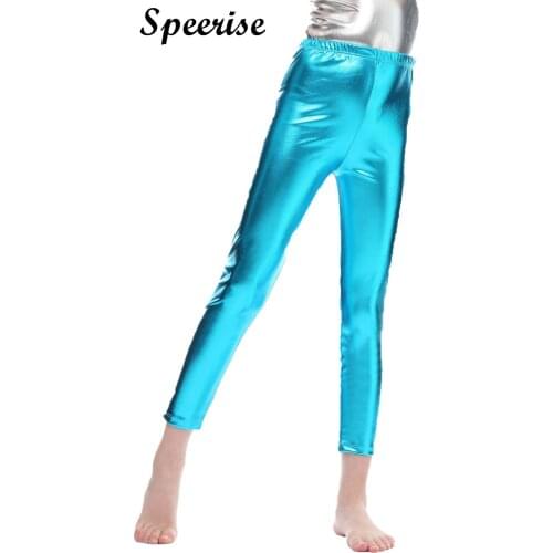 Speerise Girls Kids High Waisted Ankle-length Shiny Metallic Pants Children Spandex Nylon Dance Ballet Leggings