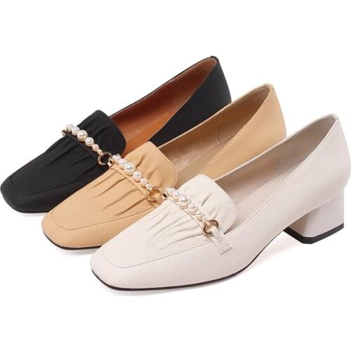 EGTPINAOP Womens Leather Shoes Medium Heel Loafers Square Head Beef Tendon Outsole Fashion D30-Xiadingding-DZ-7