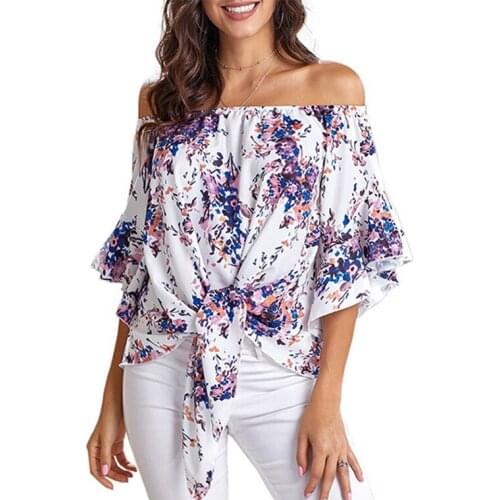Elegant Flared Sleeve Ruffle Beach Blouse Sexy Strapless Chiffon Shirts Fashion Summer Women Off Shoulder Tops Print Casual
