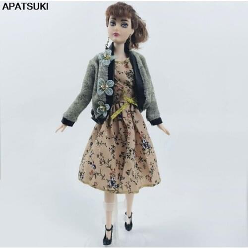 Elegant Gray Coat & Countryside Floral Dress For Barbie Doll Outfits Handmade Clothes for 1/6 BJD Doll Accessories Toy