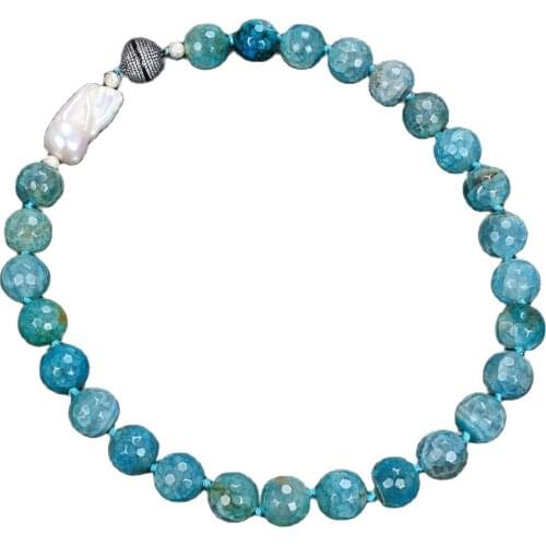 GG Jewelry 19" 16mm Blue Round Agate White Keshi Pearl Necklace