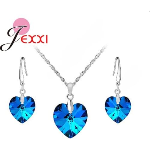 Hottest Jewely Sets 18" Blue Austrian Crystal Genuine 925 Sterling Silver Ocean Sea Heart Statement Women Party Love Gift
