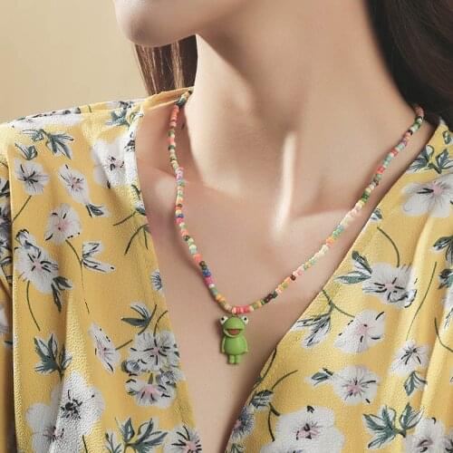 Beautiful Multicolor Beaded Animal Necklace Cartoons Green Little Frog Unique Necklace and Pendant Gift for Girl