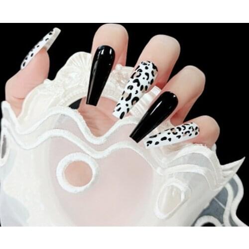 Leopard Fake Nails Long French Ballet False Nail Press On Nails Wine Red Nail Tip With Glue Nail Art Decoration 24Pcs/Box