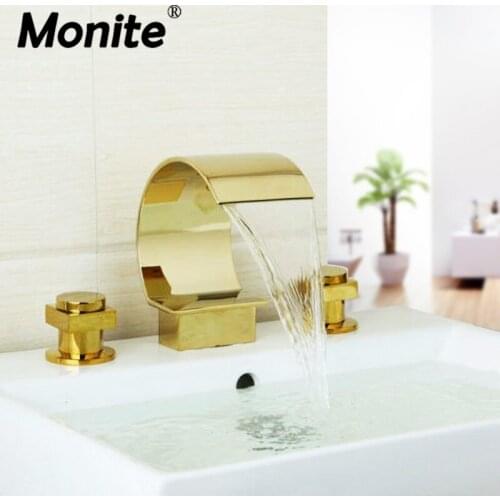 Monite Golden Plated Waterfall Spout Deck Mount Solid Brass Bathroom Sink Wash Basin Double Handle Bathtub Mixer Tap Faucet