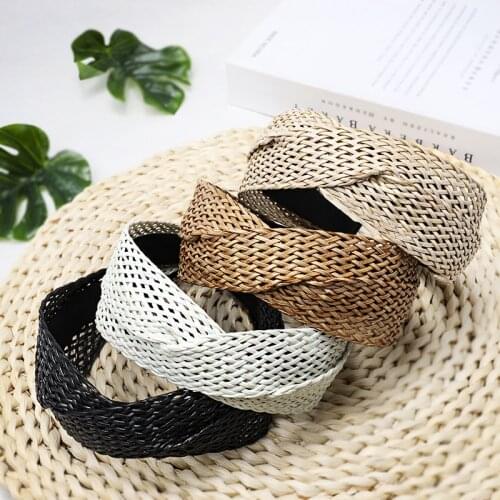 Bohemian Hairband Summer Straw Weaving Knotted Headband for Women Cross Handmade Hair Hoop Hairband Hair Accessories