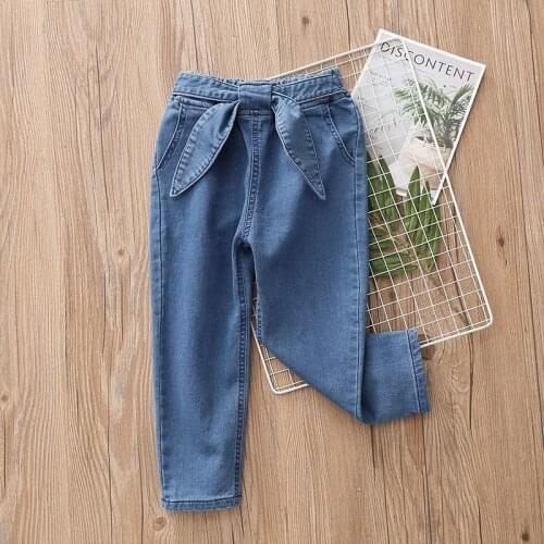 3-9 Years Baby Girl Jeans Kids Casual Elastic Waist Denim Trousers Solid Bow-knot Straight Denim Pants for Girls Child Clothing