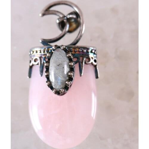 Necklace Pendant Natural Stone Bead Gray Labradorite Pink Crystal Quartz Antique Crown Half Moon Pendant for Men Women K780