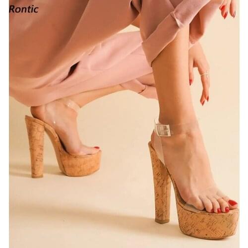 Rontic Handmade Women Platform Sandals Transparent Strap Unisex Block Heels Open Toe Gorgeous Party Shoes US Size 5-20