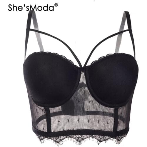 ShesModa Perspective Lace Cross Womens Bustier Bra Night Club Party Cropped Top Vest Plus Size