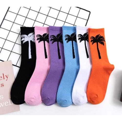 Street Fashion Happy Funny Coconut Palm Tree Cotton Rich Socks Cotton Adult Middle Calf Crew Socks Sandy Beach Colorful Leaf Men