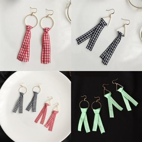 Vintage Harajuku Cute Cross Grid Bow Hollow Circle Triangle Cloth Earring fashion For Women Long Ribbon Brincos DIY Jewelry Gift