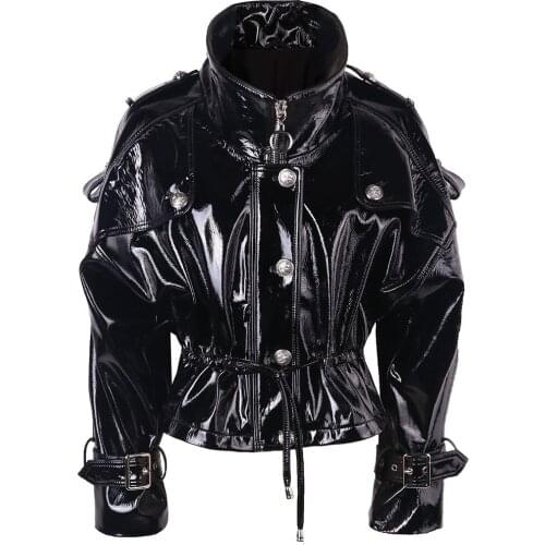 YOLOAgain Oversized Women Shiny Patent Real Leather Jacket Stand Collar Batwing Sleeve