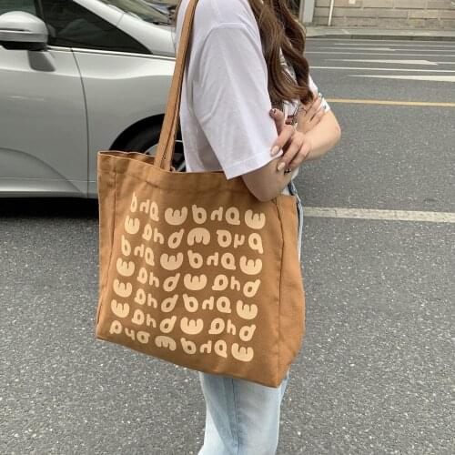 Contrast Letters Women Canvas Tote Bag Korean Simple Shoulder Bag Ins Cotton Shopper Bag Large Shopping Bag Ladies Handbag 2021