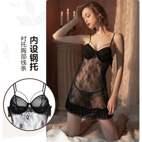 Womens Lace braces skirt nightdress backless Nightgown seduction Sleepshirts home clothing Perspective Chiffon Sexy lingerie