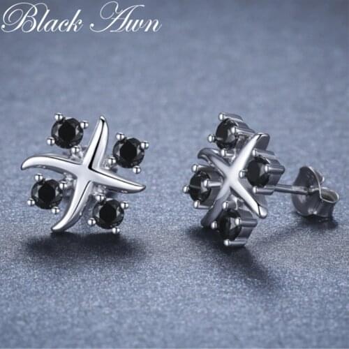 Black Awn Romantic 925 Sterling Silver Jewelry Natural Black Spinel Party Stud Earrings for Women Bijoux I118