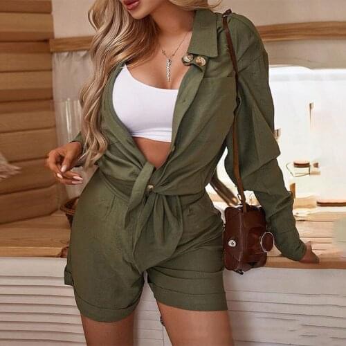 Women Elegant Two Piece Set Casual Long Sleeve Lace Up Shirt Top And High Waist Shorts Suit Fashion Office Lady solid Tracksuits