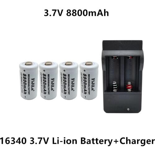 100% New original 16340 Battery CR123A 16340 Battery 8800mAh 3.7V Li-ion Rechargeable Battery+16340Charger