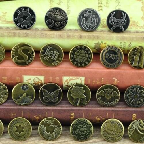 100pcs/lot 20mm Round Retro Vintage Metal Snap Button Flower Rose Eagle Animal Jeans Pants Sewing Accessories
