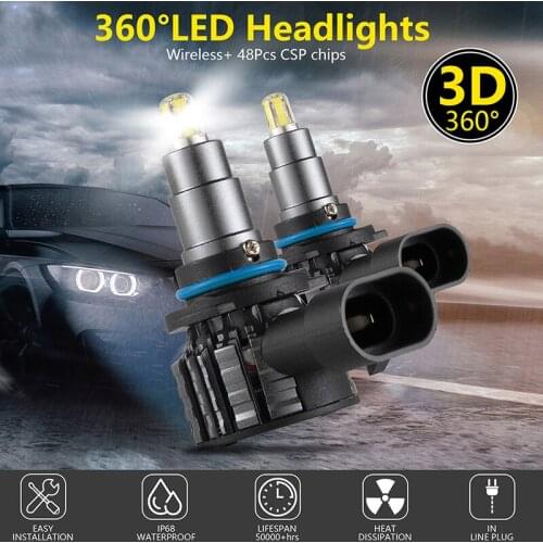2Pcs 48 Chips 4 Sides 9006/HB4 LED Lamp Car Headlight Bulbs 360 Degree 6000K