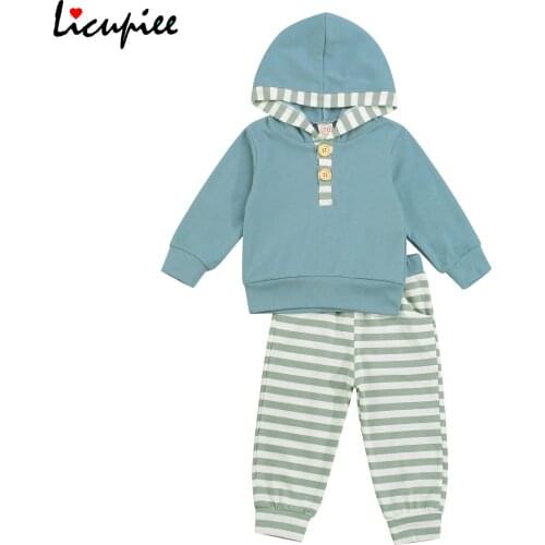 0-3 Years Hooded Baby Boy 2 Pcs Newborn Striped Outfits, Toddler Color Block Long Sleeve Hoodie + Trousers with Bowknot, Pockets