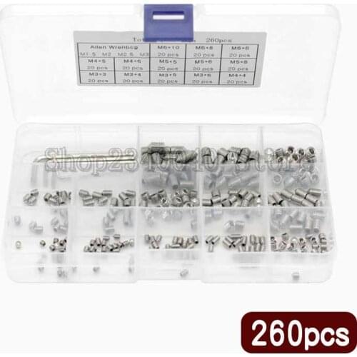 260pcs/set M3 M4 M5 M6 Metric 304 Stainless Steel Cone Point Grub Screws Hexagon Socket Set Screws Headless Kit